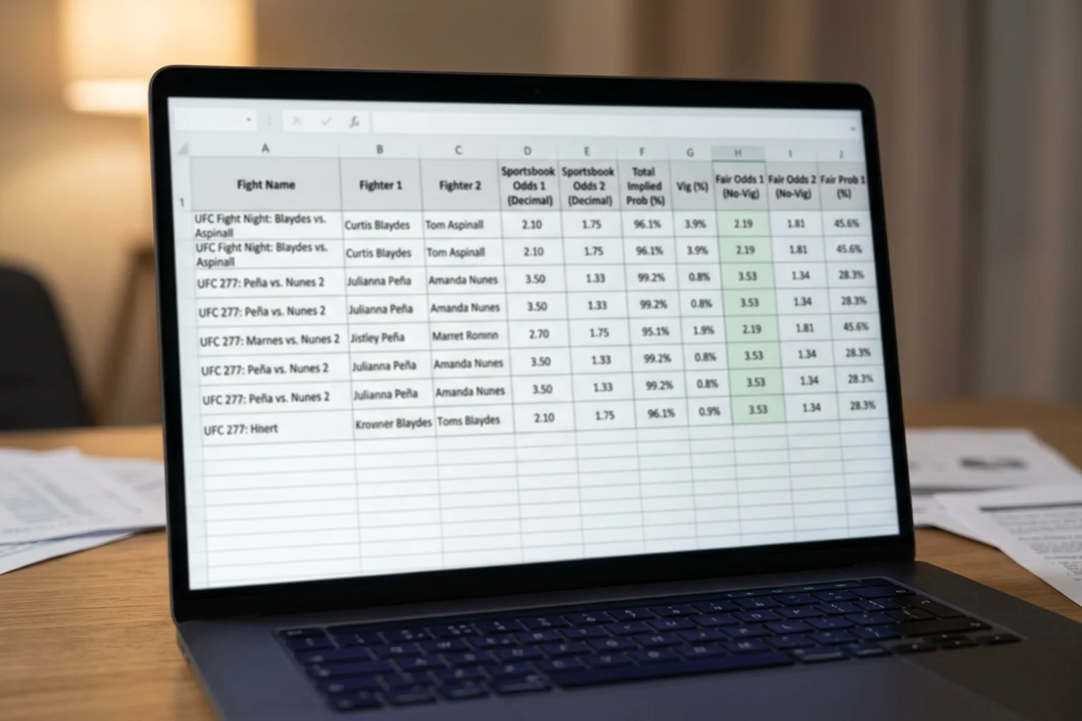 Spreadsheet showing UFC fight prices being devigged from a UK sportsbook screen